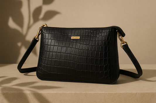 Ruth & Co. Black Croc Texture Sling Bag | Adjustable Strap & Gold Chain Accent