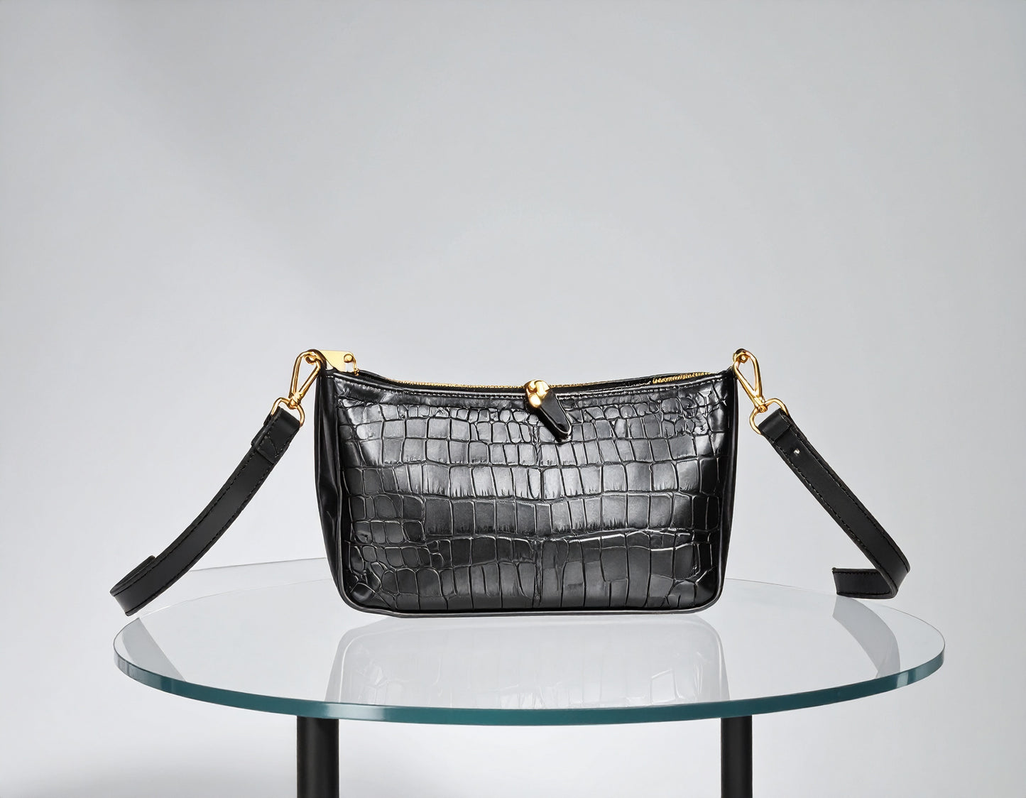Ruth & Co. Black Croc Texture Sling Bag | Adjustable Strap & Gold Chain Accent