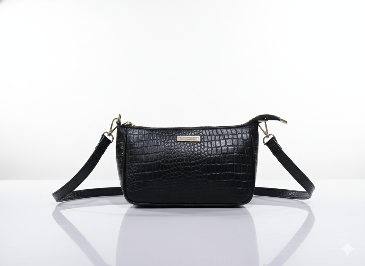 Ruth & Co. Black Croc Texture Sling Bag | Adjustable Strap & Gold Chain Accent