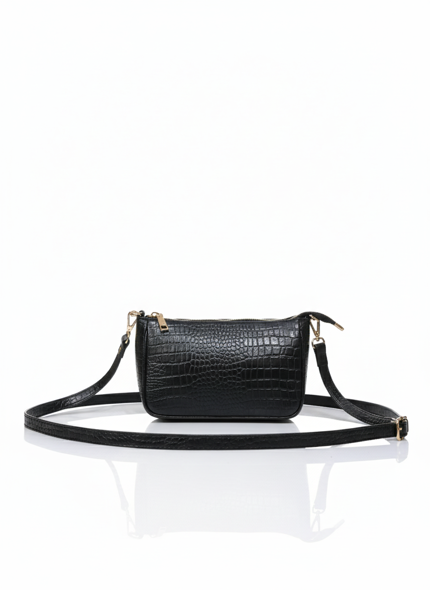 Ruth & Co. Black Croc Texture Sling Bag | Adjustable Strap & Gold Chain Accent