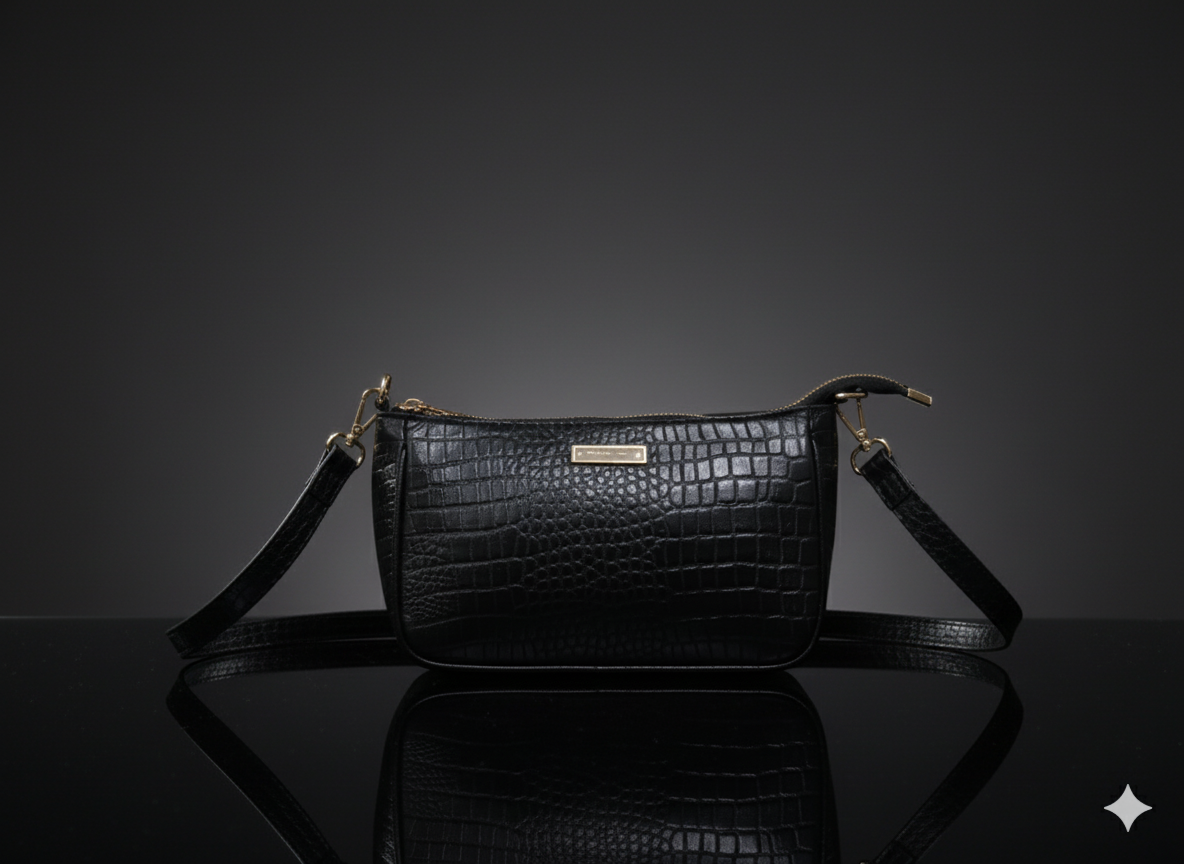 Ruth & Co. Black Croc Texture Sling Bag | Adjustable Strap & Gold Chain Accent